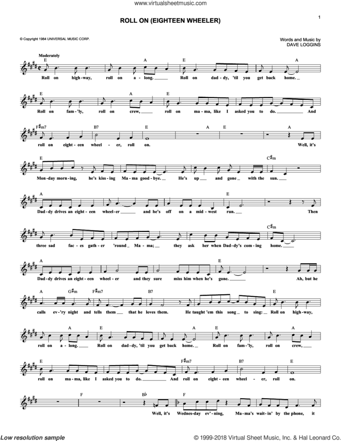 Roll On (Eighteen Wheeler) sheet music for voice and other instruments (fake book) by Alabama and Dave Loggins, intermediate skill level