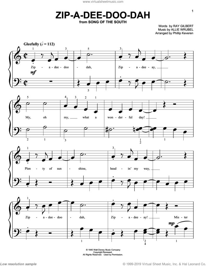 Zip-A-Dee-Doo-Dah (from Song Of The South) (arr. Phillip Keveren) sheet music for piano solo (big note book) by James Baskett, Phillip Keveren, Allie Wrubel and Ray Gilbert, easy piano (big note book)