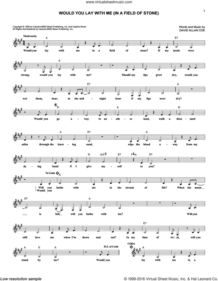 Would You Lay With Me (In A Field Of Stone) sheet music for voice and other instruments (fake book) by Johnny Cash, Tanya Tucker and David Allan Coe, intermediate skill level