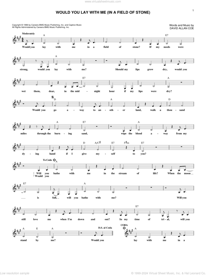 Would You Lay With Me (In A Field Of Stone) sheet music for voice and other instruments (fake book) by Johnny Cash, Tanya Tucker and David Allan Coe, intermediate skill level