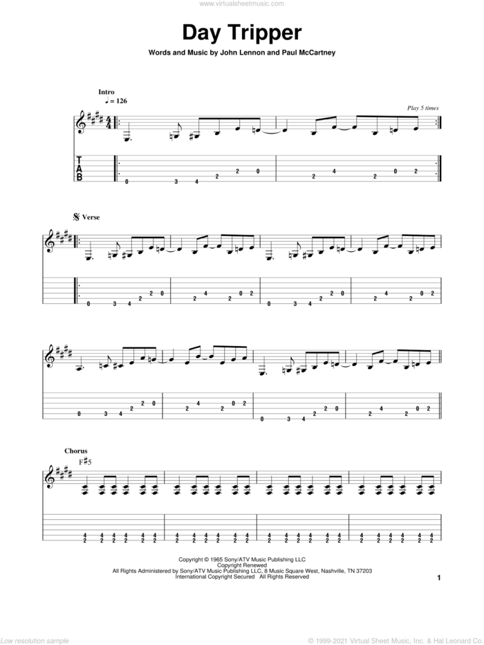 Day Tripper, (intermediate) sheet music for guitar solo by The Beatles, John Lennon and Paul McCartney, intermediate skill level