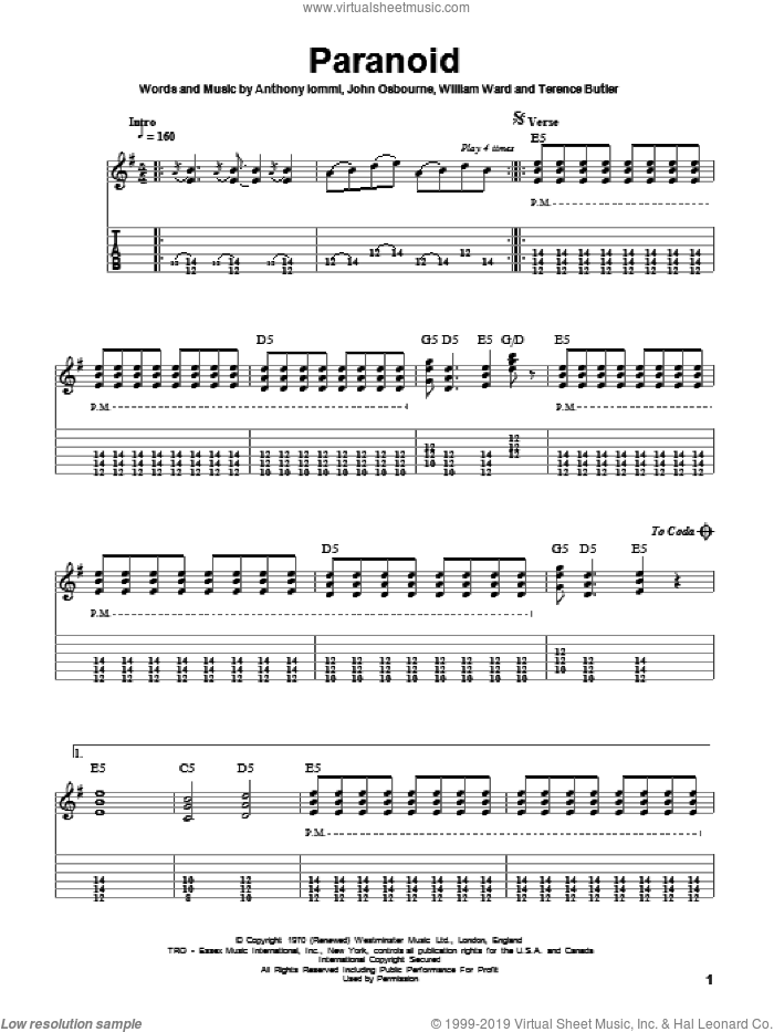 Paranoid sheet music for guitar solo by Black Sabbath, Anthony Iommi, John Osbourne, Terence Butler and William Ward, intermediate skill level