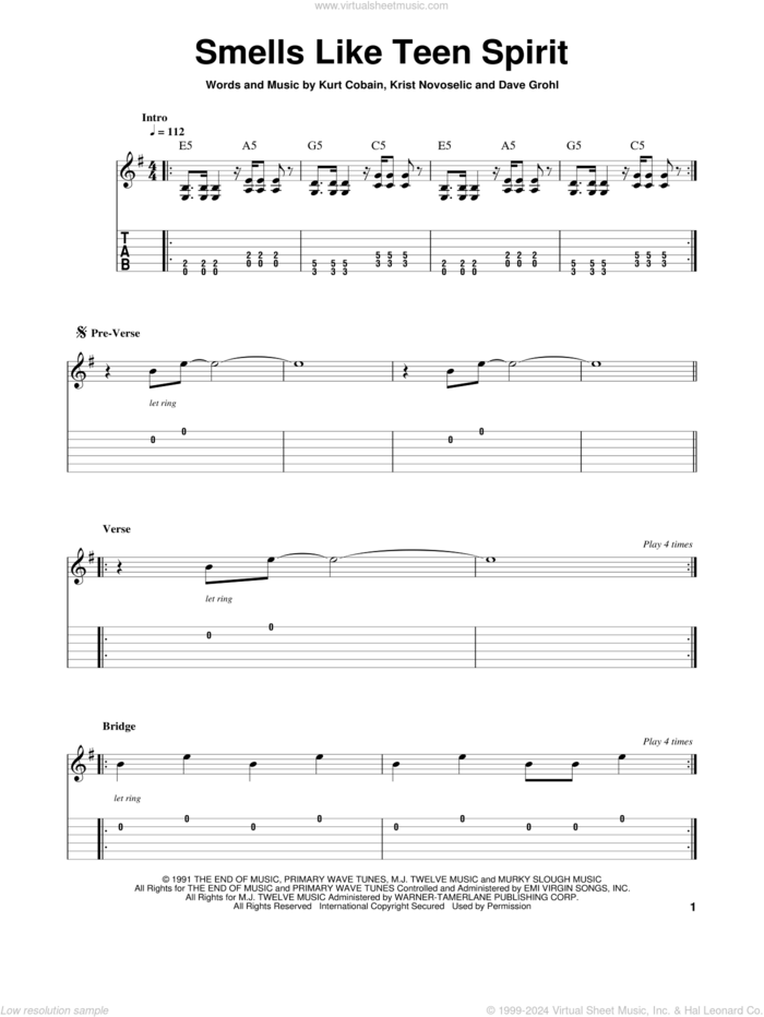 Smells Like Teen Spirit sheet music for guitar solo by Nirvana, Dave Grohl, Krist Novoselic and Kurt Cobain, intermediate skill level