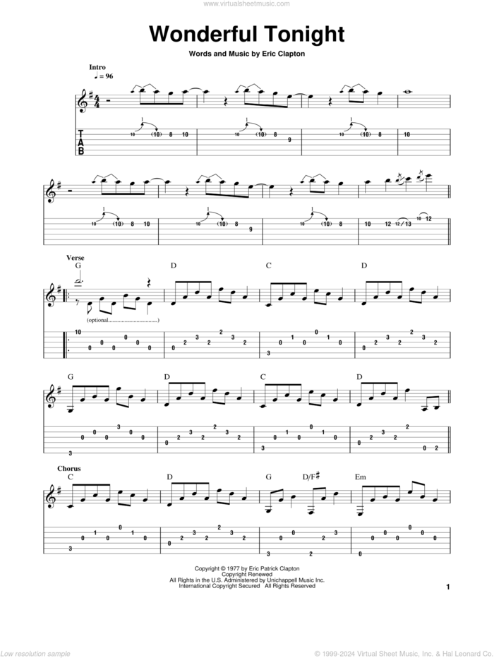 Wonderful Tonight sheet music for guitar solo by Eric Clapton and David Kersh, wedding score, intermediate skill level