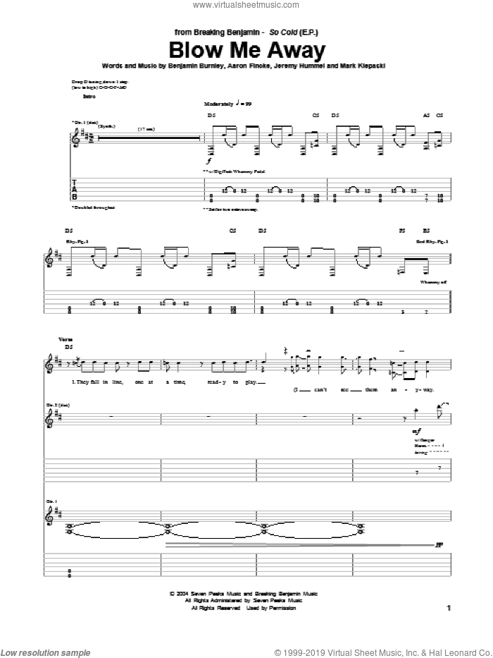 Blow Me Away sheet music for guitar (tablature) by Breaking Benjamin, Aaron Fincke, Benjamin Burnley, Jeremy Hummel and Mark J. Klepaski, intermediate skill level