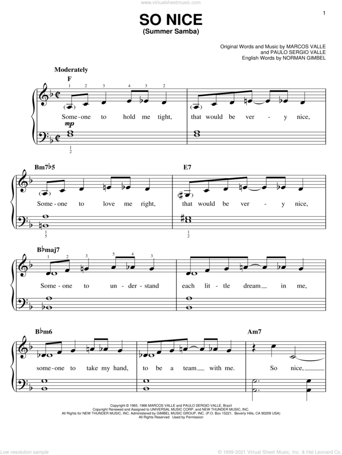 So Nice (Summer Samba) sheet music for piano solo by Marcos Valle, Norman Gimbel and Paulo Sergio Valle, easy skill level