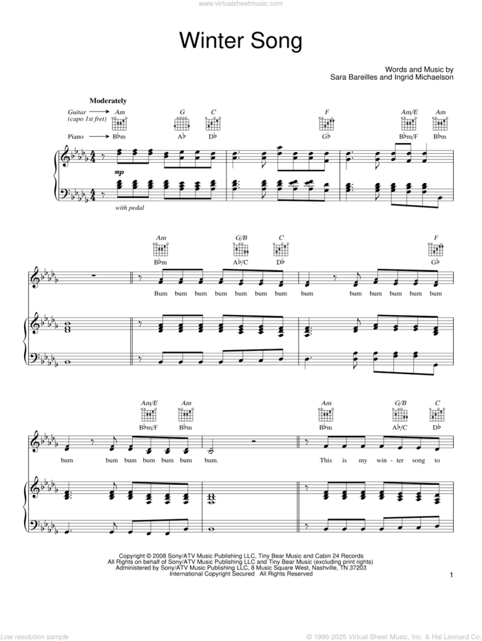 Winter Song sheet music for voice, piano or guitar by Sara Bareilles and Ingrid Michaelson, intermediate skill level