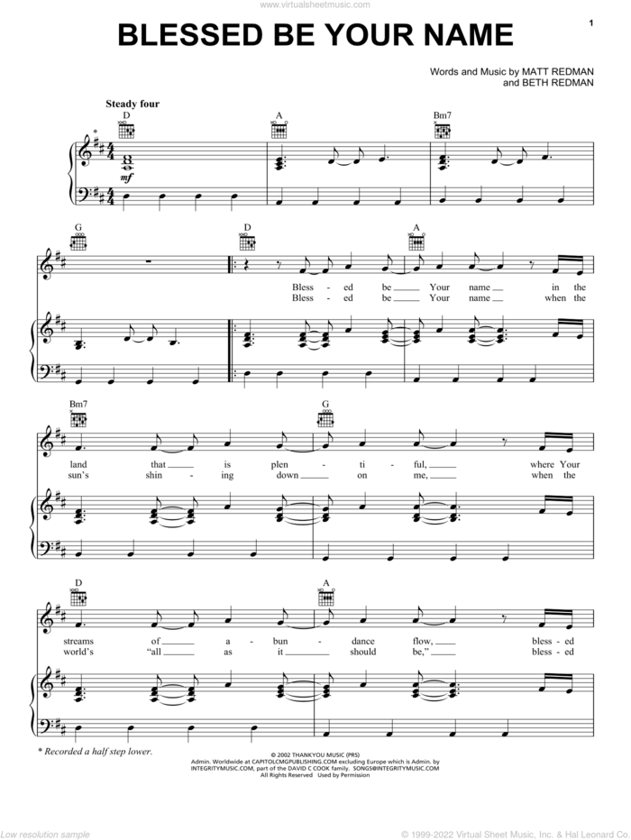 Blessed Be Your Name sheet music for voice, piano or guitar by Tree63, Beth Redman and Matt Redman, intermediate skill level