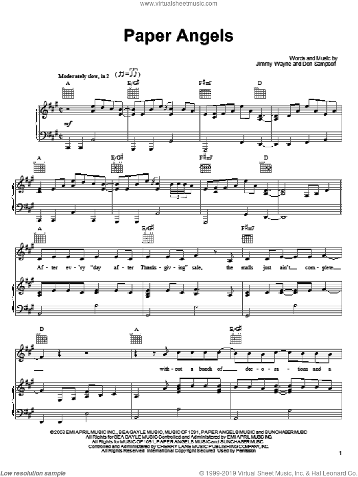 Paper Angels sheet music for voice, piano or guitar by Jimmy Wayne and Don Sampson, intermediate skill level