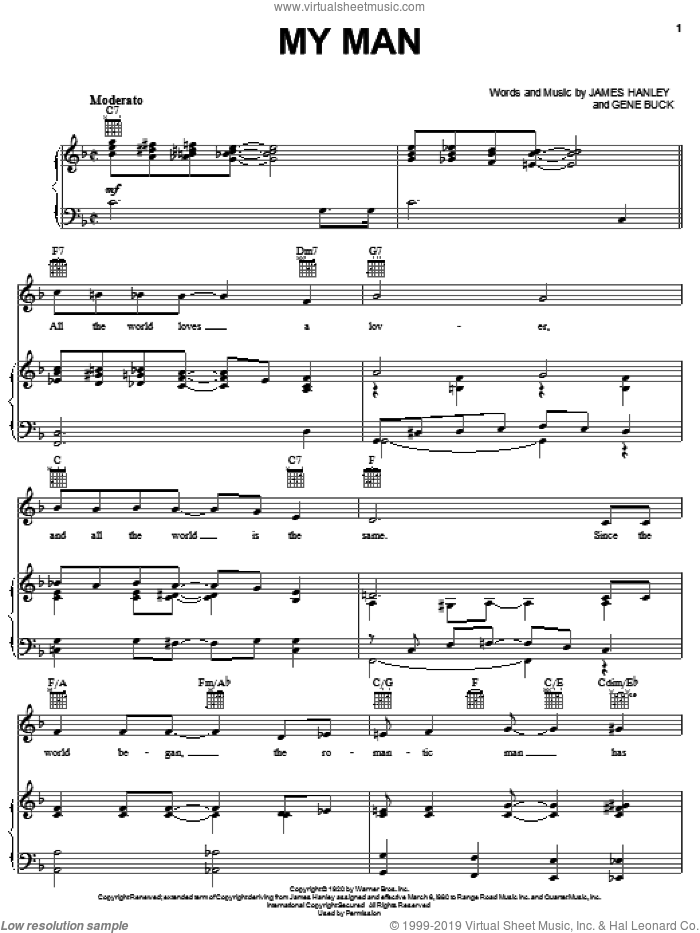 My Man sheet music for voice, piano or guitar by Ella Fitzgerald, Barbra Streisand, Billie Holiday, Gene Buck and James Hanley, intermediate skill level