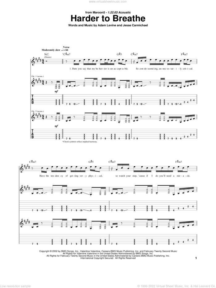 Harder To Breathe sheet music for guitar (tablature) by Maroon 5, Adam Levine and Jesse Carmichael, intermediate skill level