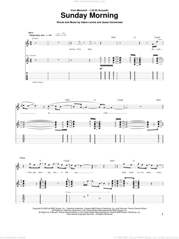 Sunday Morning sheet music for guitar (tablature) by Maroon 5, Adam Levine and Jesse Carmichael, intermediate skill level