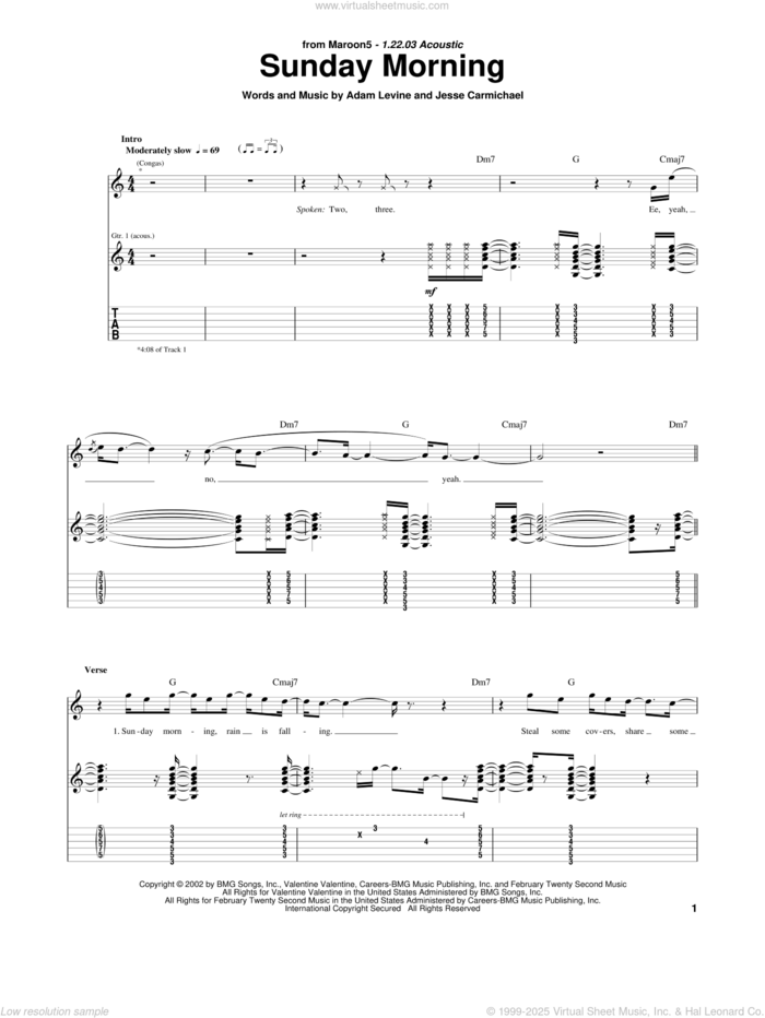 Sunday Morning sheet music for guitar (tablature) by Maroon 5, Adam Levine and Jesse Carmichael, intermediate skill level