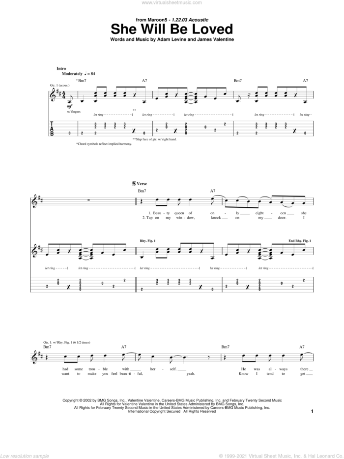 She Will Be Loved sheet music for guitar (tablature) by Maroon 5, Adam Levine and James Valentine, intermediate skill level
