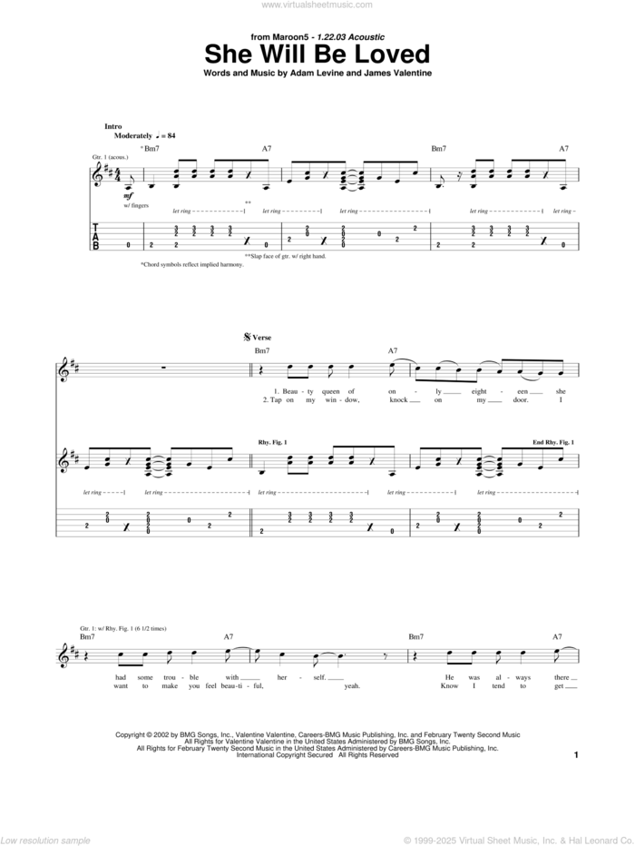 She Will Be Loved sheet music for guitar (tablature) by Maroon 5, Adam Levine and James Valentine, intermediate skill level