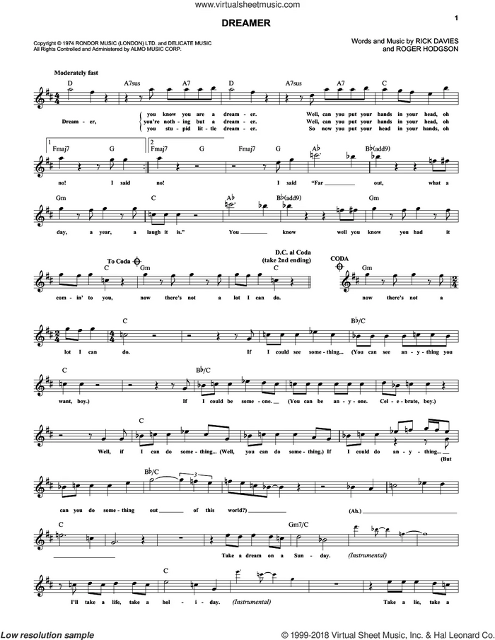 Dreamer sheet music for voice and other instruments (fake book) by Supertramp, Rick Davies and Roger Hodgson, intermediate skill level