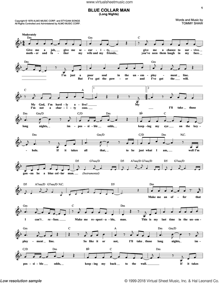Blue Collar Man (Long Nights) sheet music for voice and other instruments (fake book) by Styx and Tommy Shaw, intermediate skill level