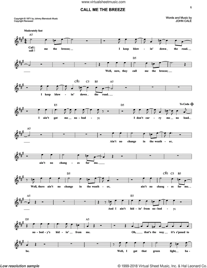 Call Me The Breeze sheet music for voice and other instruments (fake book) by Lynyrd Skynyrd and John Cale, intermediate skill level