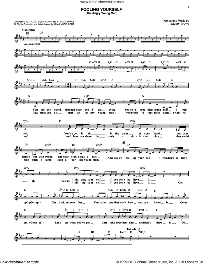 Fooling Yourself (The Angry Young Man) sheet music for voice and other instruments (fake book) by Styx and Tommy Shaw, intermediate skill level