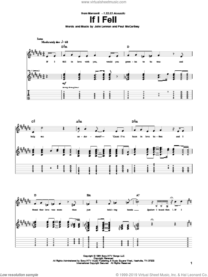 If I Fell sheet music for guitar (tablature) by Maroon 5, The Beatles, John Lennon and Paul McCartney, intermediate skill level