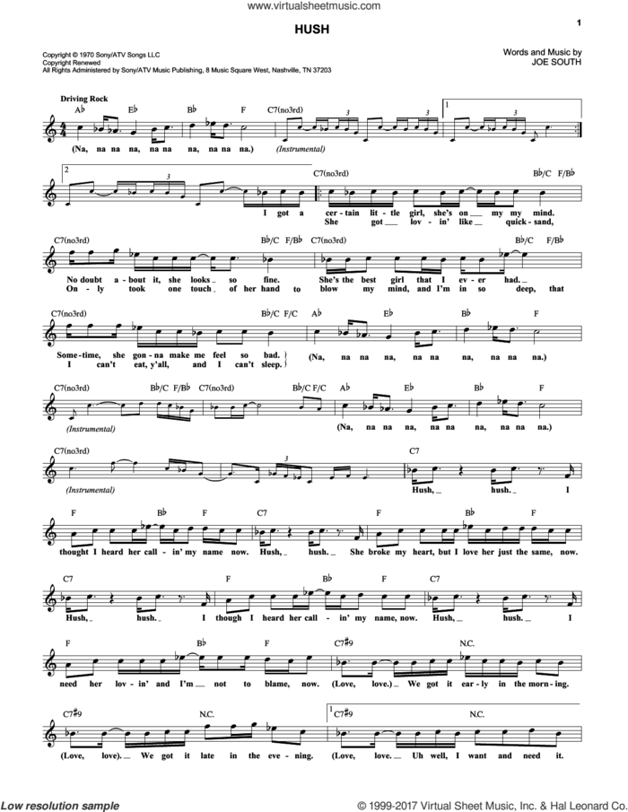 Hush sheet music for voice and other instruments (fake book) by Deep Purple and Joe South, intermediate skill level