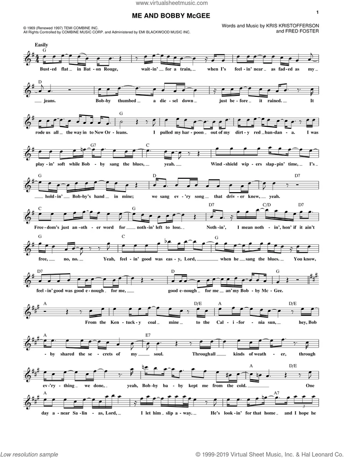 Me And Bobby McGee sheet music for voice and other instruments (fake book) by Janis Joplin, Fred Foster and Kris Kristofferson, intermediate skill level