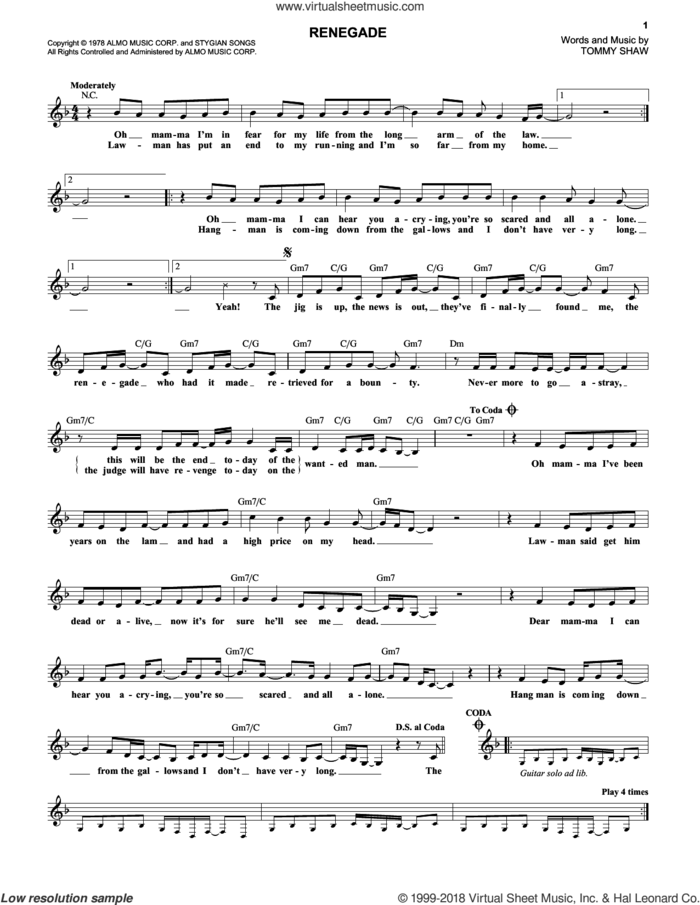 Renegade sheet music for voice and other instruments (fake book) by Styx and Tommy Shaw, intermediate skill level