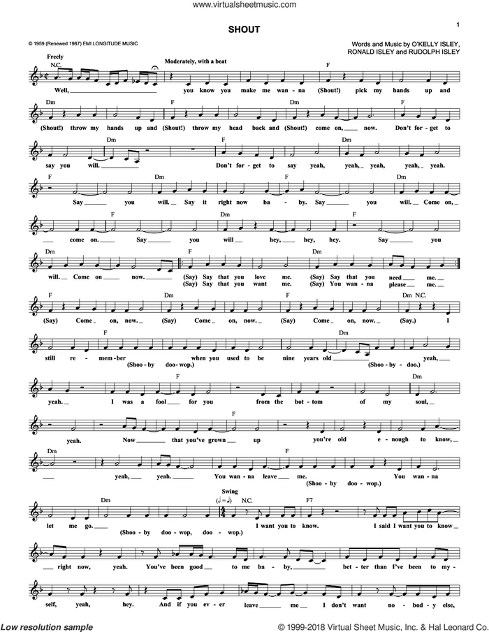 Shout sheet music for voice and other instruments (fake book) by The Isley Brothers, O Kelly Isley, Ronald Isley and Rudolph Isley, intermediate skill level