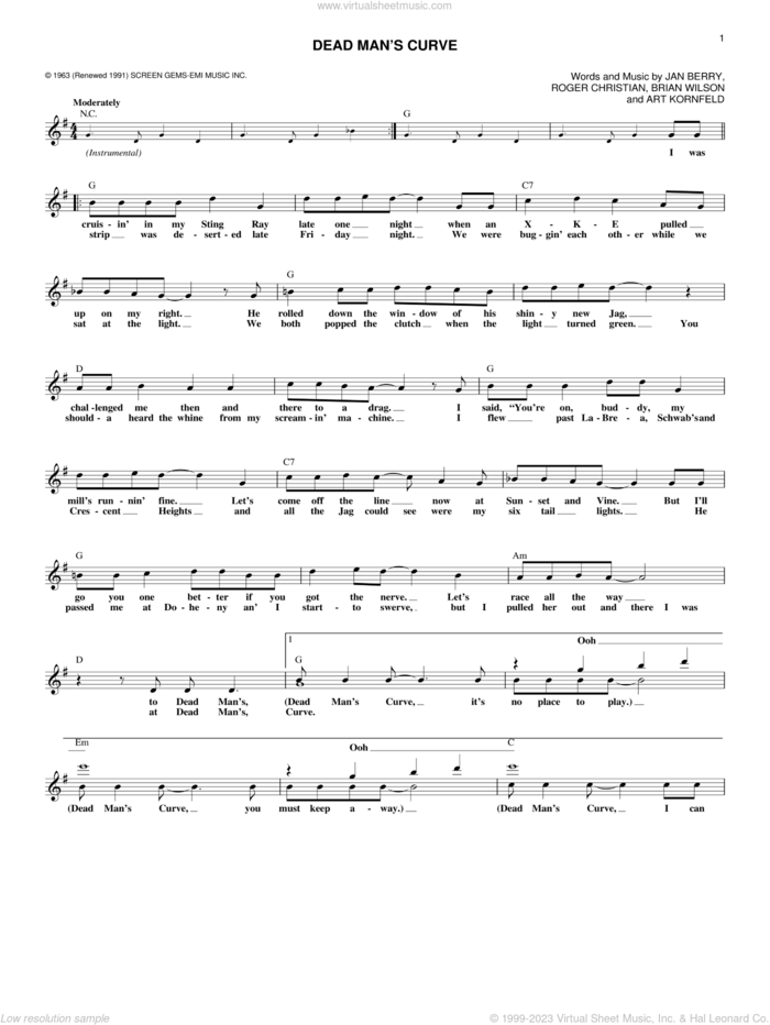 Dead Man's Curve sheet music for voice and other instruments (fake book) by Jan & Dean, Art Kornfeld, Brian Wilson, Jan Berry and Roger Christian, intermediate skill level