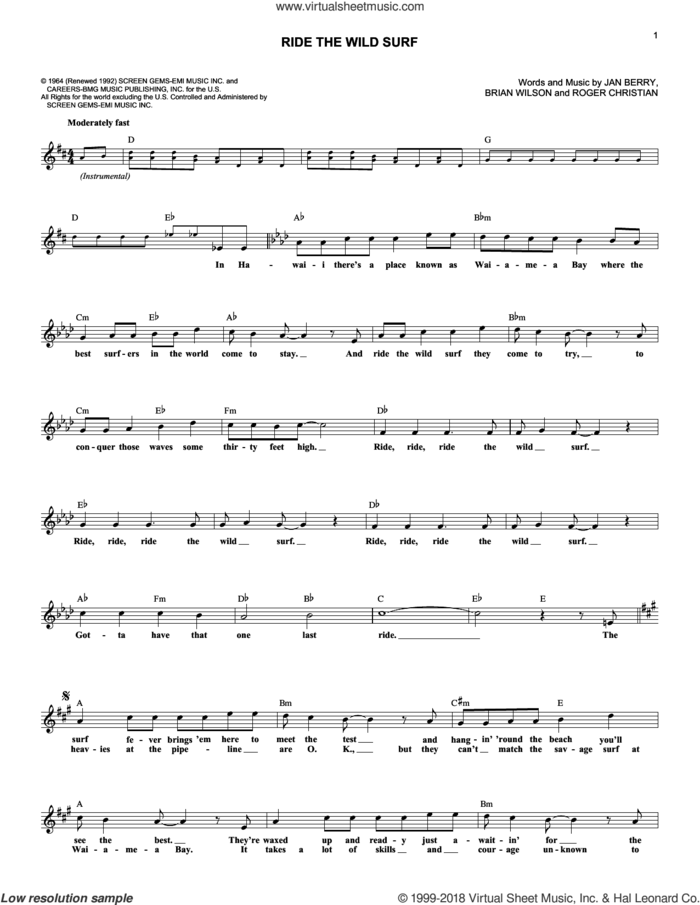 Ride The Wild Surf sheet music for voice and other instruments (fake book) by Jan & Dean, Brian Wilson, Jan Berry and Roger Christian, intermediate skill level