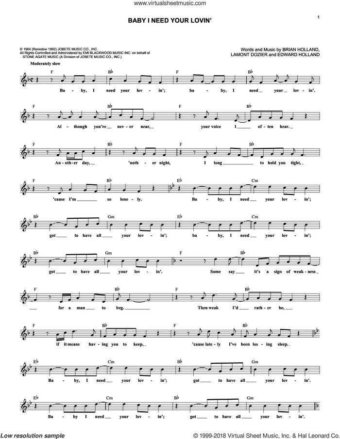 Baby I Need Your Lovin' sheet music for voice and other instruments (fake book) by The Four Tops, Brian Holland, Eddie Holland and Lamont Dozier, intermediate skill level