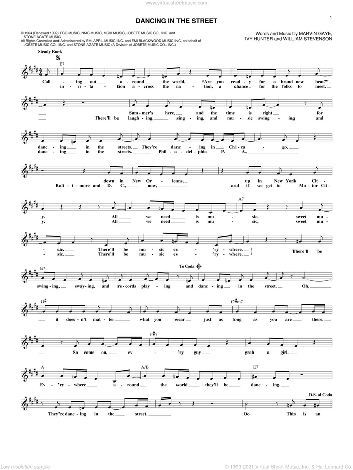 Dancing In The Street sheet music for voice and other instruments (fake book) by Martha & The Vandellas, Ivy Hunter, Marvin Gaye and William Stevenson, intermediate skill level