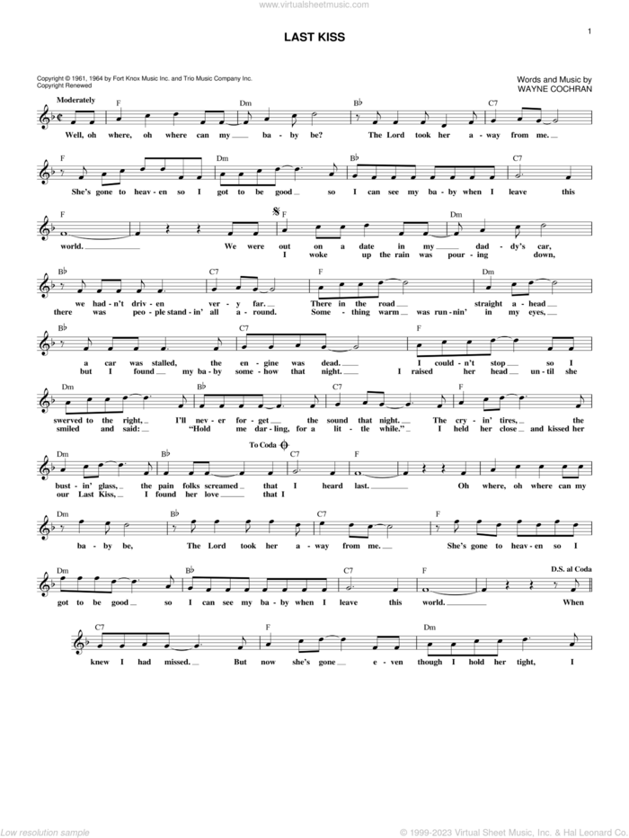Last Kiss sheet music for voice and other instruments (fake book) by Pearl Jam and Wayne Cochran, intermediate skill level