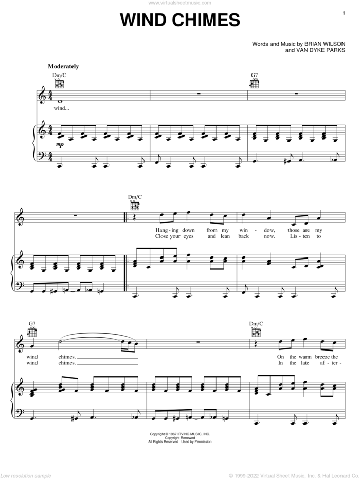Wind Chimes sheet music for voice, piano or guitar by Brian Wilson, The Beach Boys and Van Dyke Parks, intermediate skill level