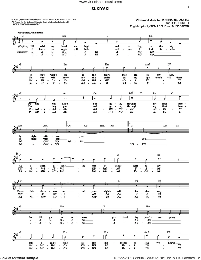 Sukiyaki sheet music for voice and other instruments (fake book) by 4 P.M., Buzz Cason, Hachidai Nakamura, Rokusuke Ei and Tom Leslie, intermediate skill level