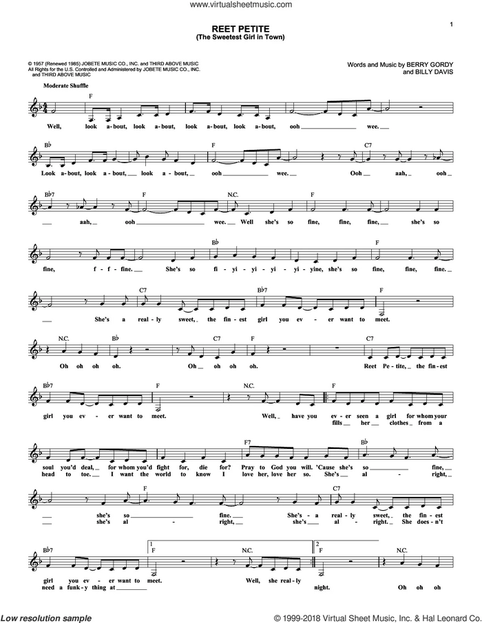 Reet Petite (The Sweetest Girl In Town) sheet music for voice and other instruments (fake book) by Jackie Wilson, Berry Gordy and Billy Davis, intermediate skill level