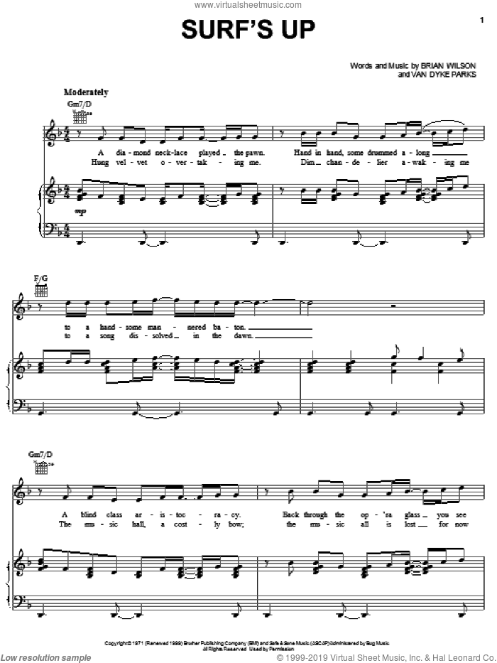 Surf's Up sheet music for voice, piano or guitar by Brian Wilson, The Beach Boys and Van Dyke Parks, intermediate skill level