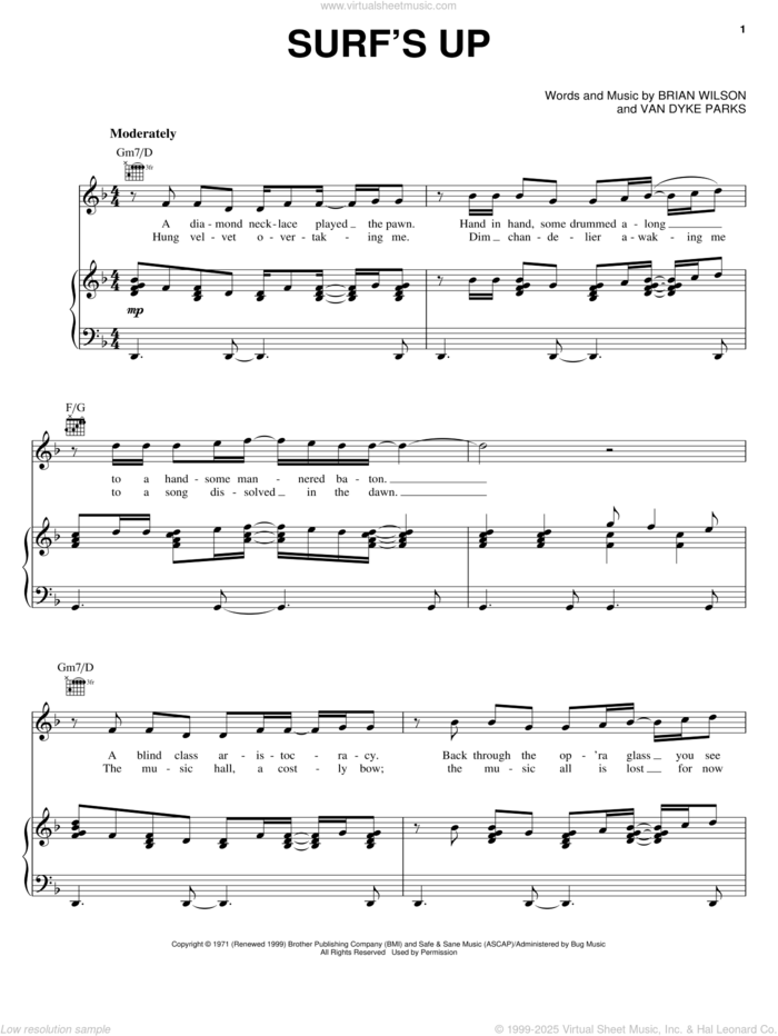 Surf's Up sheet music for voice, piano or guitar by Brian Wilson, The Beach Boys and Van Dyke Parks, intermediate skill level