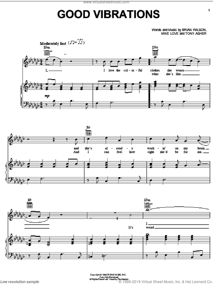 Good Vibrations sheet music for voice, piano or guitar by Brian Wilson, The Beach Boys and Mike Love, intermediate skill level