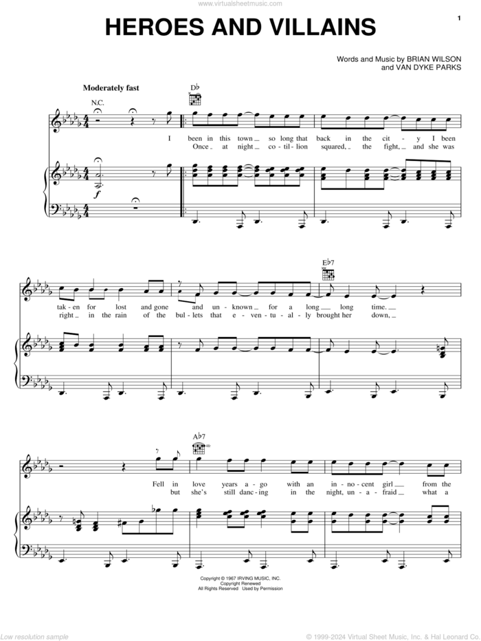 Heroes And Villains sheet music for voice, piano or guitar by Brian Wilson, The Beach Boys and Van Dyke Parks, intermediate skill level