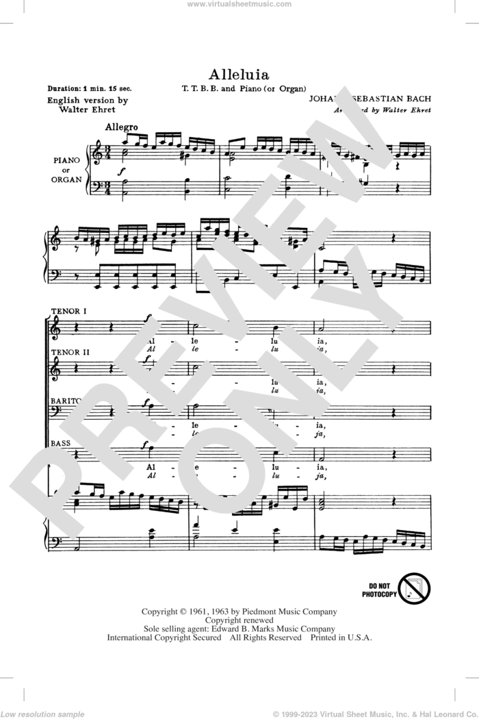 Alleluia (from Cantata 142) sheet music for choir (TTBB: tenor, bass) by Johann Sebastian Bach and Walter Ehret, classical score, intermediate skill level