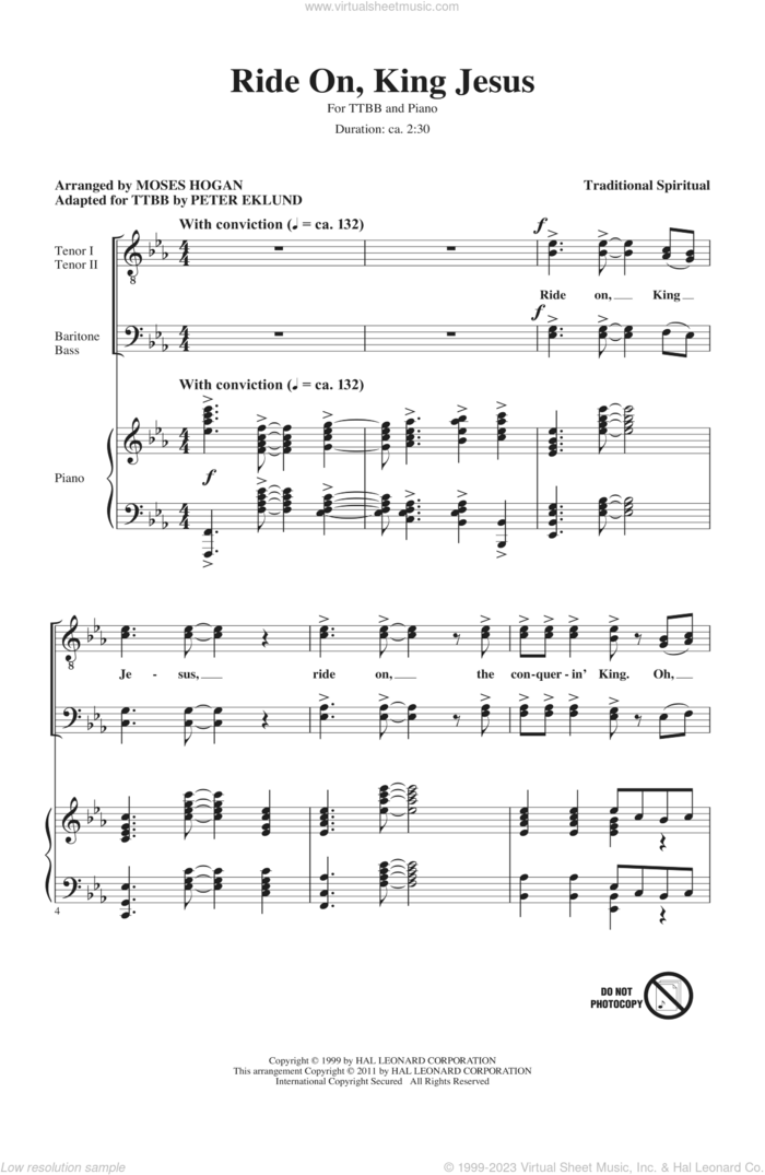 Ride On, King Jesus sheet music for choir (TTBB: tenor, bass) by Moses Hogan, Miscellaneous and Peter Eklund, intermediate skill level