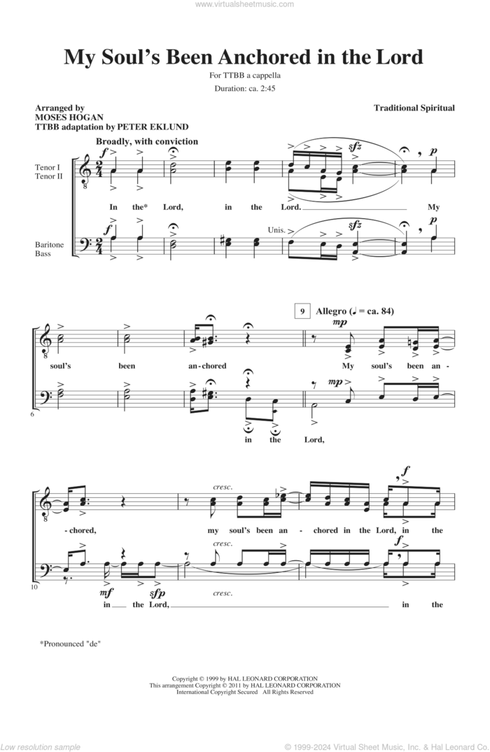 My Soul's Been Anchored In De Lord sheet music for choir (TTBB: tenor, bass) by Moses Hogan and Peter Eklund, intermediate skill level