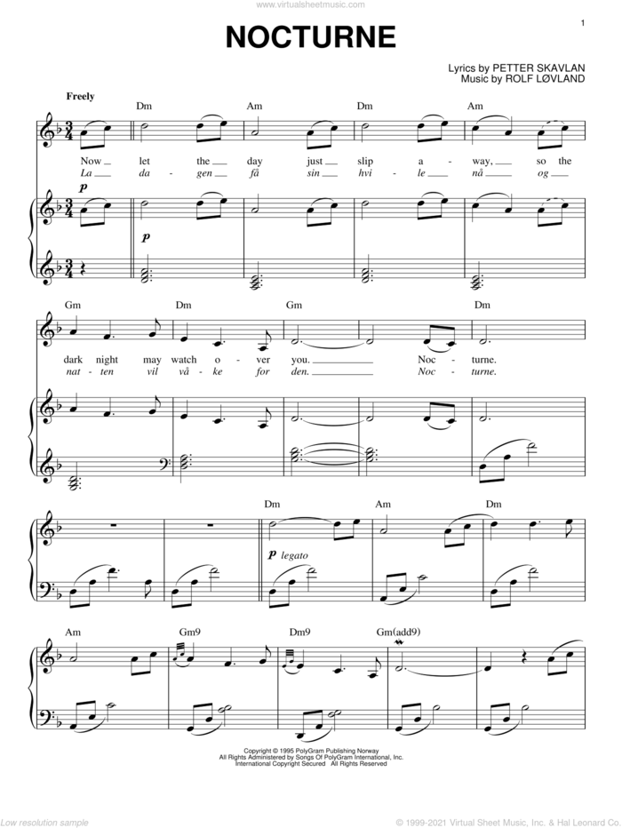 Nocturne sheet music for voice, piano or guitar by Secret Garden, Petter Skavlan and Rolf Lovland, classical score, intermediate skill level