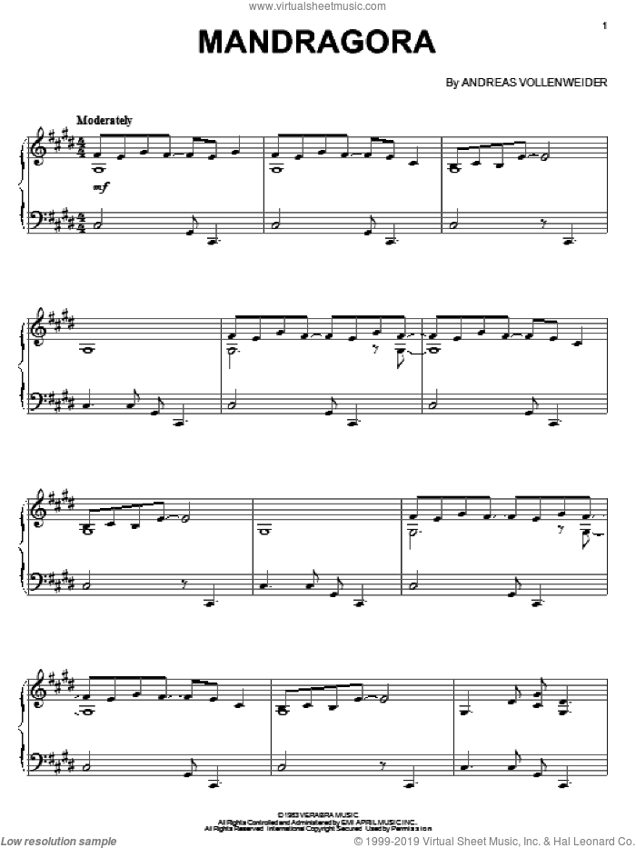 Mandragora sheet music for piano solo by Andreas Vollenweider, intermediate skill level