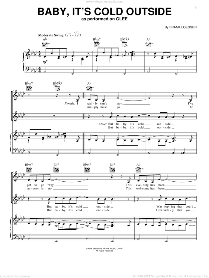 Baby, It's Cold Outside sheet music for voice, piano or guitar by Glee Cast, Miscellaneous and Frank Loesser, intermediate skill level