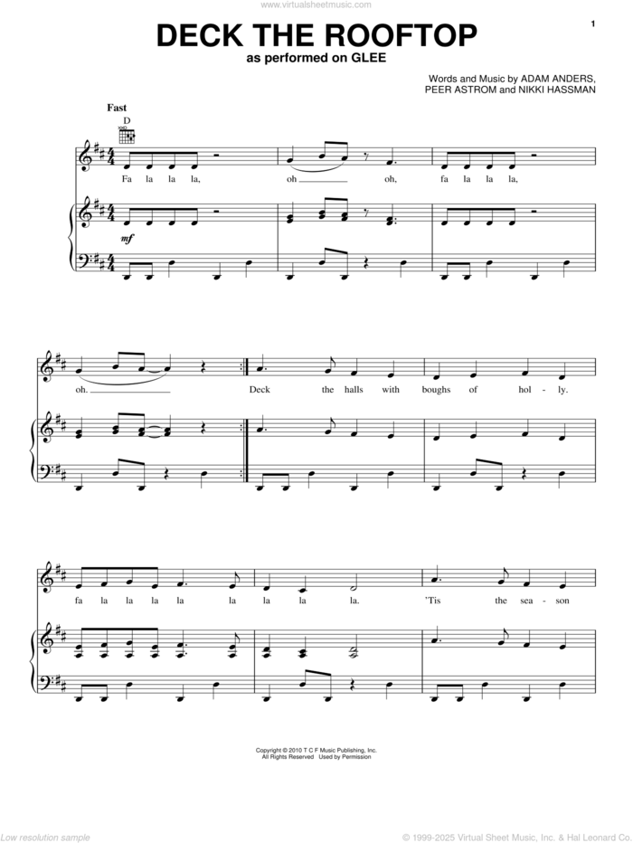 Deck The Rooftop sheet music for voice, piano or guitar by Glee Cast, Miscellaneous, Adam Anders, Nikki Hassman and Peer Astrom, intermediate skill level