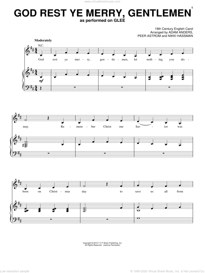 God Rest Ye Merry, Gentlemen sheet music for voice, piano or guitar by Glee Cast, Miscellaneous, 19th Century English Carol, Adam Anders, Nikki Hassman and Peer Astrom, intermediate skill level