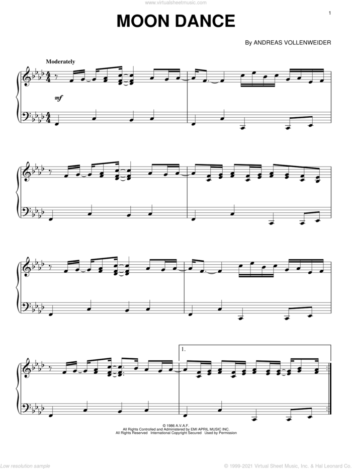 Moon Dance sheet music for piano solo by Andreas Vollenweider, intermediate skill level