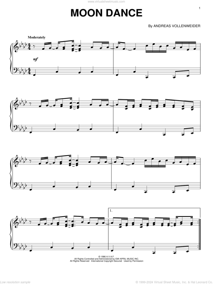 Moon Dance sheet music for piano solo by Andreas Vollenweider, intermediate skill level